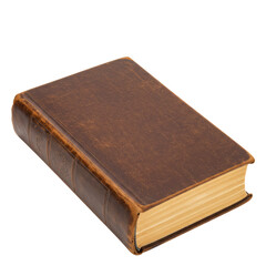 Classic leather-bound book, isolated on white background, vintage literature concept.