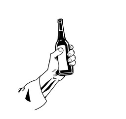 Hand Holding Beer Bottle: A Vintage Line Art Illustration of a hand holding a beer bottle, showcasing a classic monochrome style and blank label.