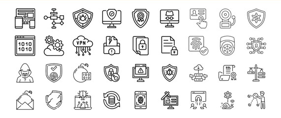 Cybersecurity Icons Set Black and White Line Art vector