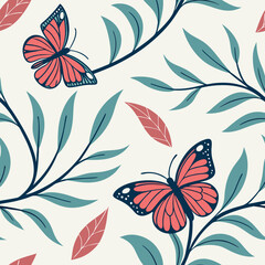 Seamless pattern with butterflies and leaves, coral and teal colors, nature-inspired design