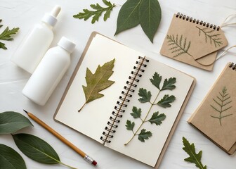 Natural cosmetics branding mockup with leaves and notebooks