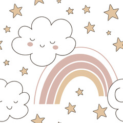 Seamless pattern with clouds with closed eyes, a rainbow in pastel colors and stars on a white background