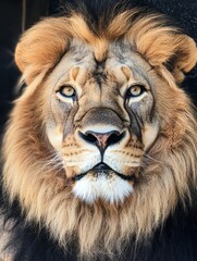Fototapeta premium Majestic Male Lion Portrait: Striking Features and Intense Gaze Against a Dark Background