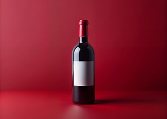 Single red wine bottle with blank label on red background