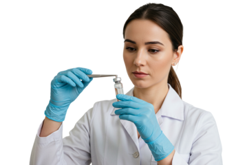 Scientist Holds Vaccine Vial With Tweezers Gloves Lab Coat