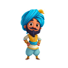 Cheerful Cartoon Character in Blue Turban on a Transparent Background