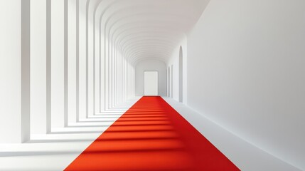 A long, white arched corridor with a vibrant red carpet extending toward a bright doorway at the end, creating a striking contrast and sense of depth.