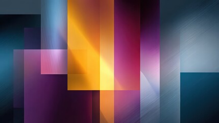 Obraz premium Abstract geometric composition featuring overlapping translucent rectangles in vibrant purple, yellow, blue, and pink hues with textured gradients.