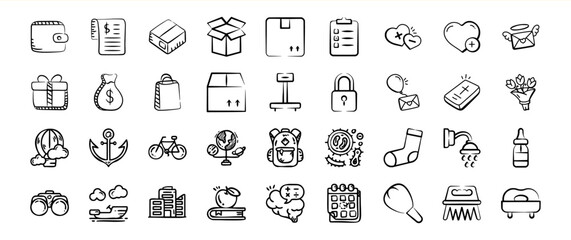 Hand Drawn Black and White Icon Set Bundle 82 Various Objects