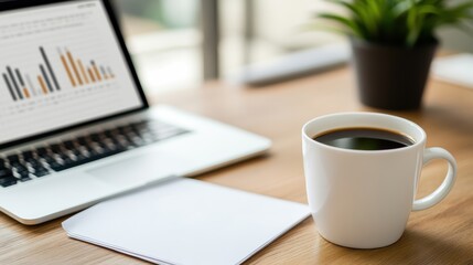 A white coffee cup filled with black coffee sits on a wooden desk next to a laptop displaying charts and a closed notebook with a plant in the background.