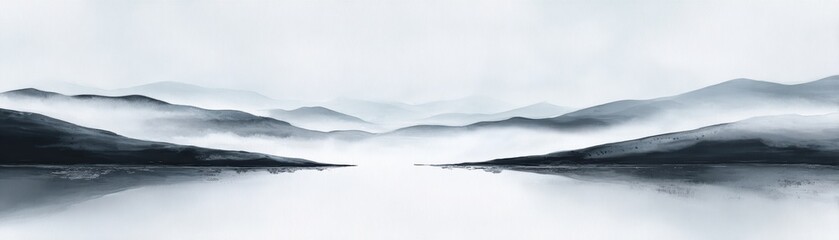 Fototapeta premium A tranquil monochrome landscape painting of misty mountains reflected on a calm lake, evoking serenity and peacefulness.
