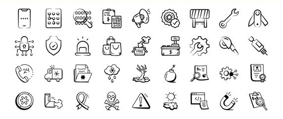 Hand Drawn Black and White Icon Set Business Security Medical