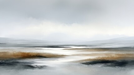 Fototapeta premium A serene abstract landscape painting featuring soft greys, whites, and muted browns, depicting a misty horizon and reflective water surface.