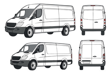 White Delivery Van Illustration Multiple Angles and Perspectives Showcasing a Commercial Vehicle for Transportation Logistics and Business Applications with Clean Lines and a Modern