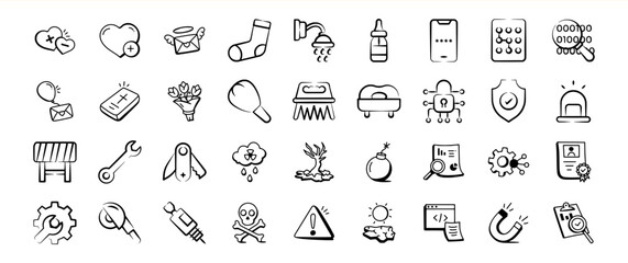 Hand Drawn Black and White Icon Set Various Symbols