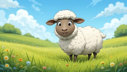 Cute Sheep in Green Meadow