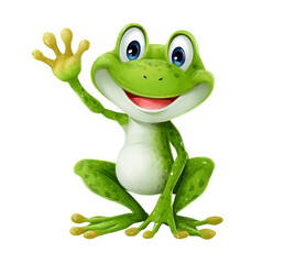 Obraz premium A cheerful cartoon frog waving hello with a big smile, isolated on white.