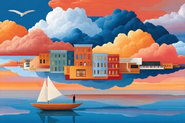 Surreal floating cityscape above calm waters with vibrant colors and clouds