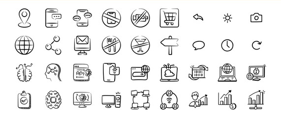 Hand Drawn Black and White Technology and Business Icons Set