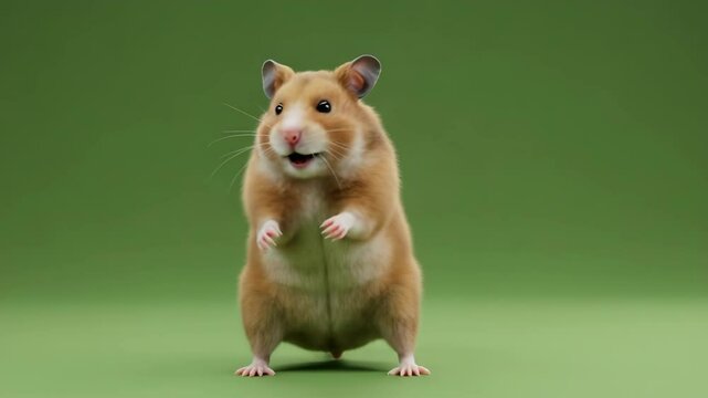 Adorable Golden Hamster Standing on Hind Legs - A cute, fluffy golden hamster stands on its hind legs against a solid green background.