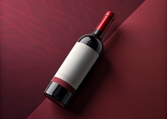 Red wine bottle mockup on maroon background with blank label