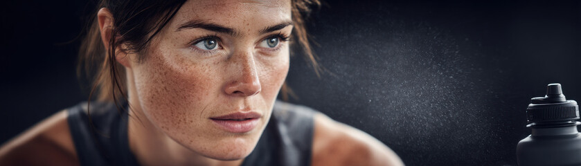 A close-up portrait of a woman with a focused expression and light perspiration on her face, alongside a water bottle. This image conveys effort, hydration, and the intensity of a workout