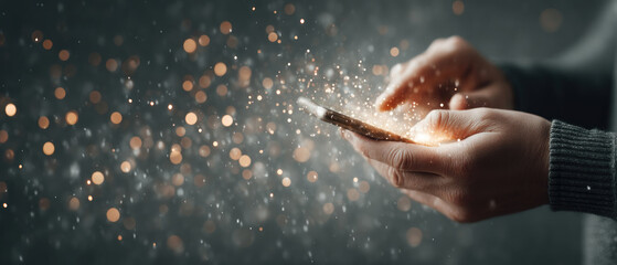 Hands using smartphone with glowing digital sparkles