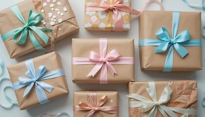 Wrapped gifts pastel ribbons brown paper
