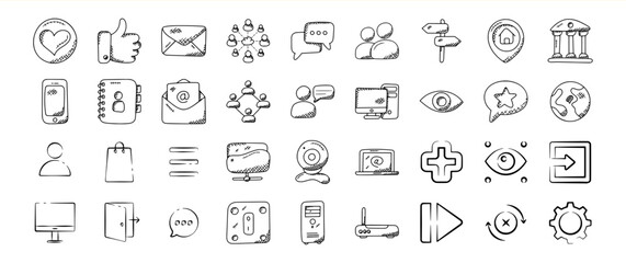 Hand Drawn Doodle Icons Set Communication Technology Social Media