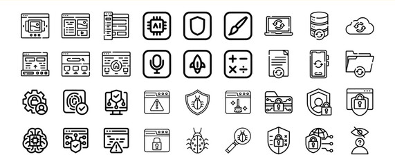 Website Development Security Icons Black Line Art Set