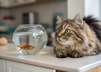 Curious fluffy cat observing goldfish in a glass bowl