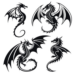 Obraz premium Four Black Dragon Silhouettes with Varying Wing Positions and Body Postures Isolated on a White Background Embodying Fantasy Power and Mystical Themes in a
