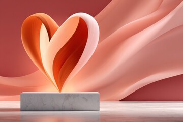Modern abstract heart sculpture in vibrant pastel colors on elegant marble pedestal