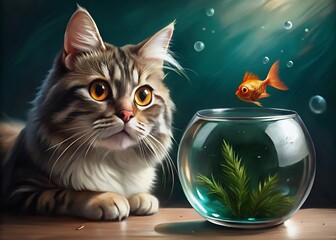 Curious cat gazing at goldfish in a fishbowl
