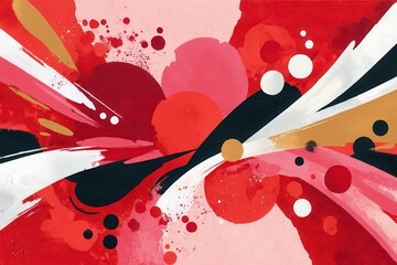 Abstract composition featuring bold red and black splashes against a textured background