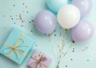 Pastel balloons gifts and confetti on a light blue background