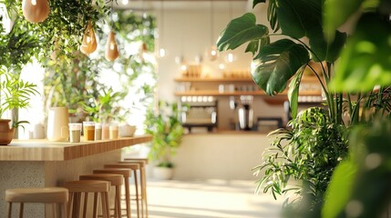 Fototapeta premium Serene Cafe Interior Design: Lush Greenery and Sunlit Bar