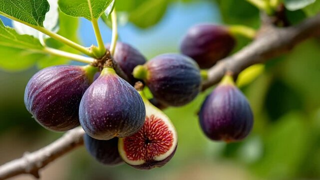 Fresh figs hanging from a tree branch in sunlight