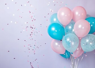 Pastel pink and blue balloons with confetti on lavender background