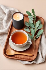 Relaxing tea setup with candle, leaves, and wooden tray