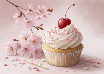 Delicious cupcake with cherry and pink flowers