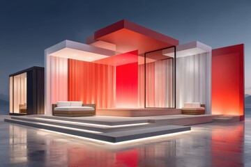 Modern architectural structure with vibrant lighting and minimalist design