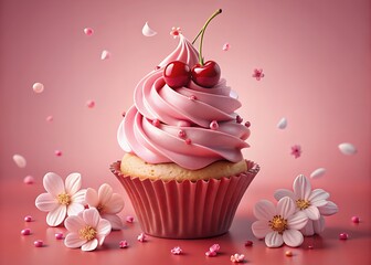 Pink cupcake with cherries and flowers