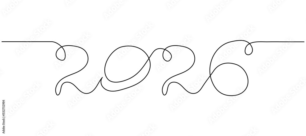 Poster continuous linear drawing of 2026 modern text vector design template for new year card, cover, poste
