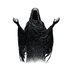 Monk with prayer hands Pixel art PNG. The pixels are scattered, dissolve. Vector monochrome style. Abstract random squares, background. Template. Monochrome style. PNG. Dark concept
