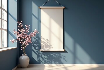 Blank Beige Canvas Mockup on Gray Wall with Sunlight and Branch.