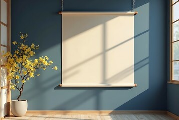 Blank Beige Canvas Mockup on Gray Wall with Sunlight and Branch.