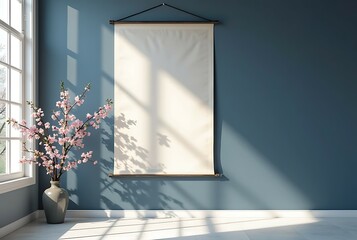 Blank Beige Canvas Mockup on Gray Wall with Sunlight and Branch.