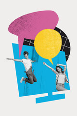 Trendy image pop vertical collage of two happy girl guy jump colorful bubble communication speech...