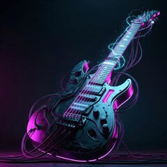 A high-tech electric guitar with a synthwave aesthetic, featuring glowing neon frets and cybernetic details
